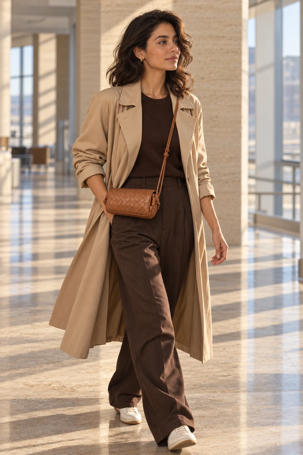 BLANQ woven bag worn crossbody in an airport